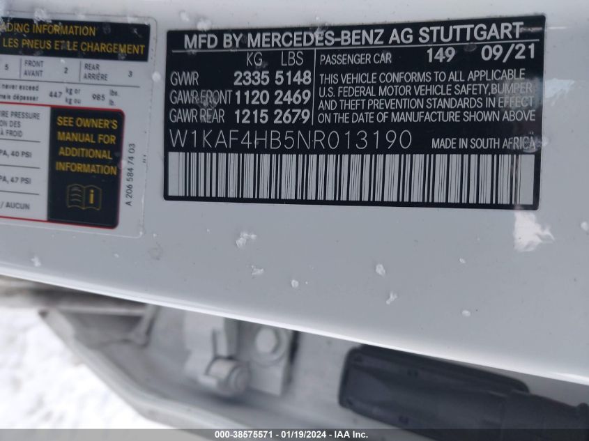 2022 Mercedes-Benz C 300 4Matic VIN: W1KAF4HB5NR013190 Lot: 38575571