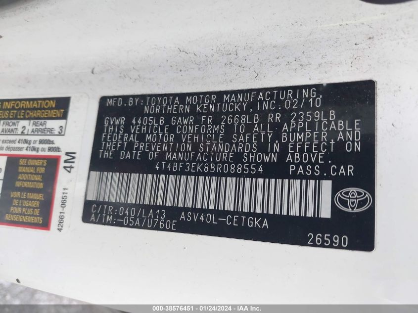 4T4BF3EK8BR088554 2011 Toyota Camry Xle