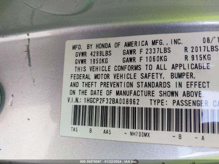 1HGCP2F32BA008962 2011 Honda Accord 2.4 Lx