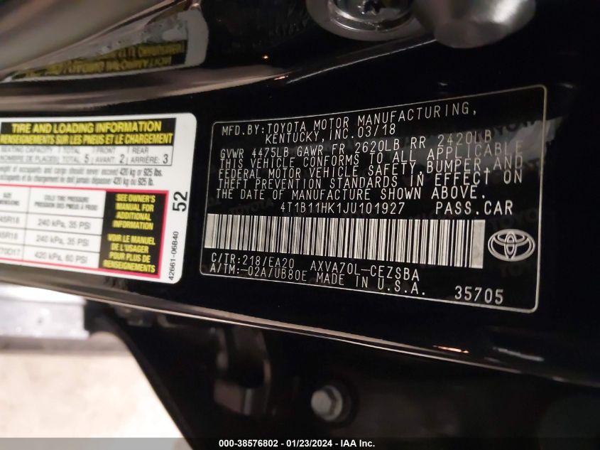 2018 Toyota Camry Se VIN: 4T1B11HK1JU101927 Lot: 38576802