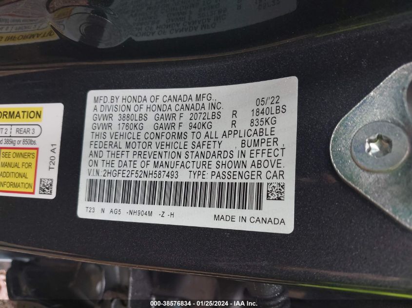 2022 Honda Civic Sport VIN: 2HGFE2F52NH587493 Lot: 38576834