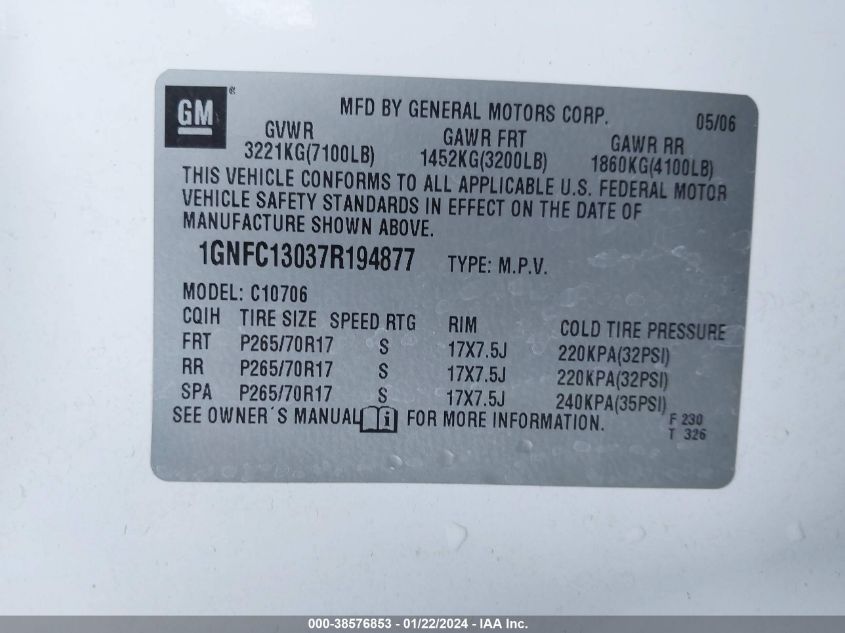 1GNFC13037R194877 2007 Chevrolet Tahoe Ls