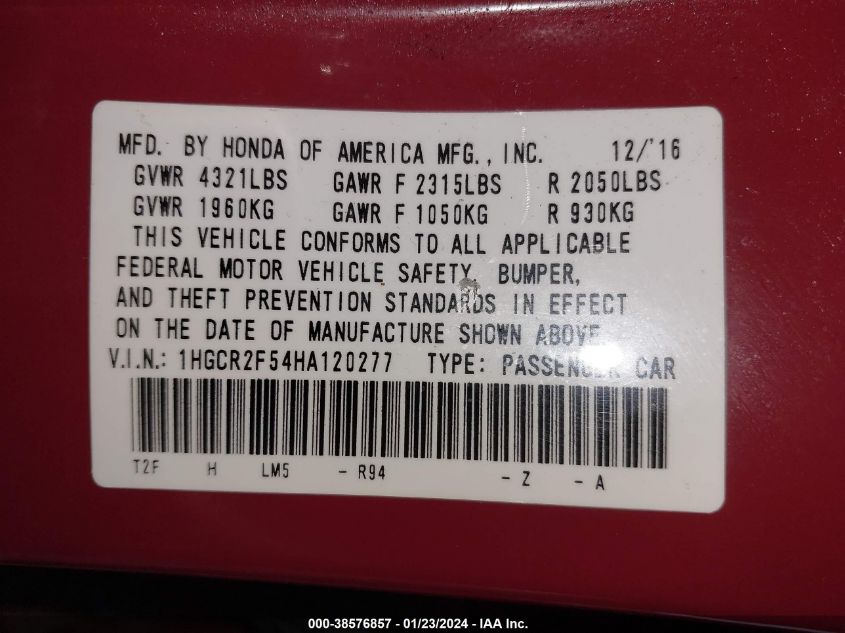 1HGCR2F54HA120277 2017 Honda Accord Sport