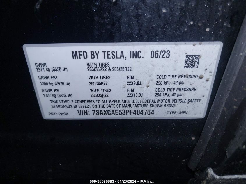 2023 Tesla Model X Dual Motor All-Wheel Drive/Standard Range VIN: 7SAXCAE53PF404764 Lot: 38576883