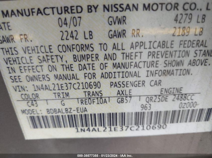 2007 Nissan Altima 2.5 S VIN: 1N4AL21E37C210690 Lot: 38577355