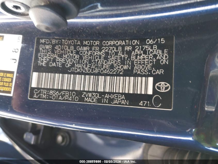 JTDKN3DU4F0462272 2015 Toyota Prius Two