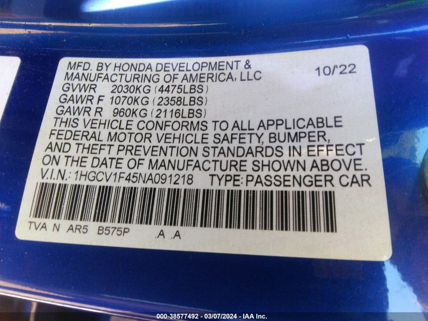 2022 Honda Accord Sport Special Edition VIN: 1HGCV1F45NA091218 Lot: 38577492