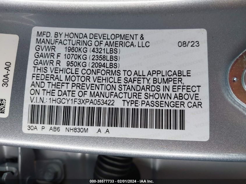 2023 Honda Accord Ex VIN: 1HGCY1F3XPA053422 Lot: 38577733