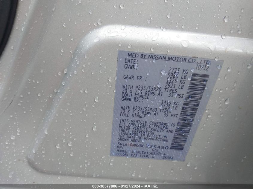 2013 Infiniti Jx35 VIN: 5N1AL0MMXDC325490 Lot: 38577806