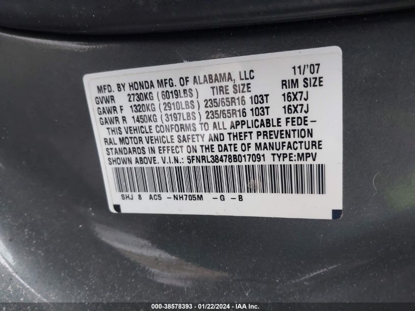 5FNRL38478B017091 2008 Honda Odyssey Ex