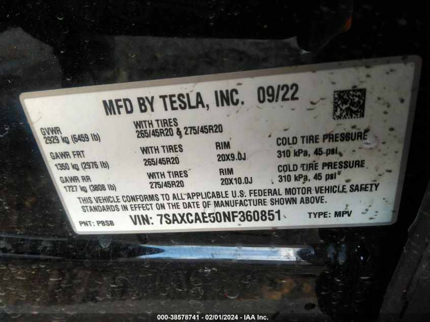 2022 Tesla Model X Dual Motor All-Wheel Drive VIN: 7SAXCAE50NF360851 Lot: 38578741