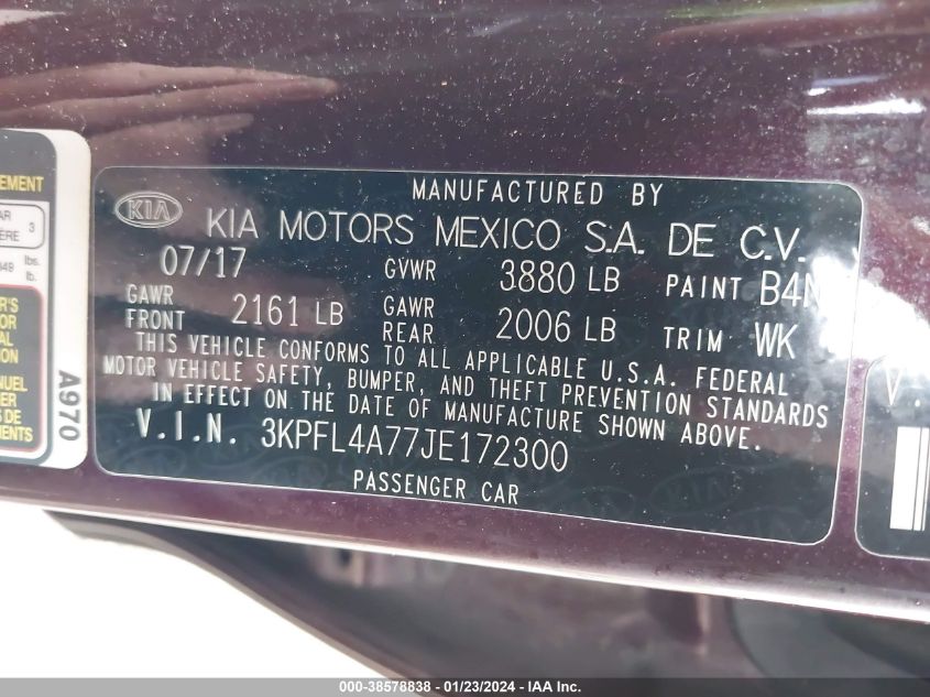 3KPFL4A77JE172300 2018 Kia Forte Lx