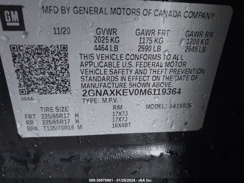 2GNAXKEV0M6119364 2021 Chevrolet Equinox Fwd Lt