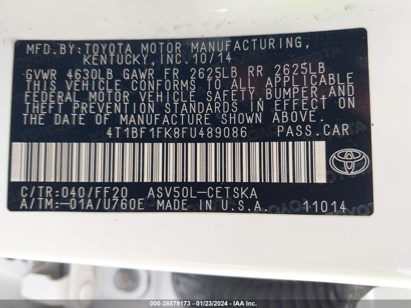 2015 Toyota Camry Se VIN: 4T1BF1FK8FU489086 Lot: 38579173