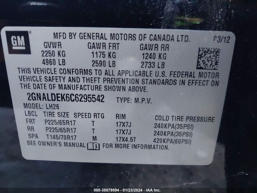 2GNALDEK6C6295542 2012 Chevrolet Equinox 1Lt