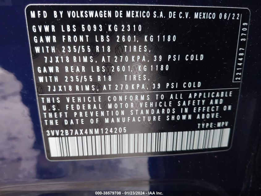 2022 Volkswagen Tiguan 2.0T Se VIN: 3VV2B7AX4NM124205 Lot: 38579708