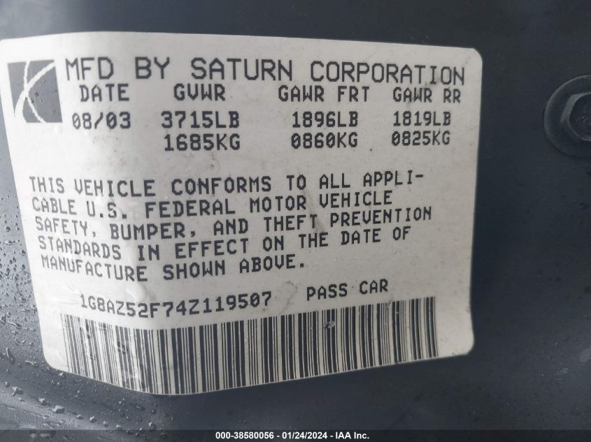 2004 Saturn Ion 2 VIN: 1G8AZ52F74Z119507 Lot: 38580056