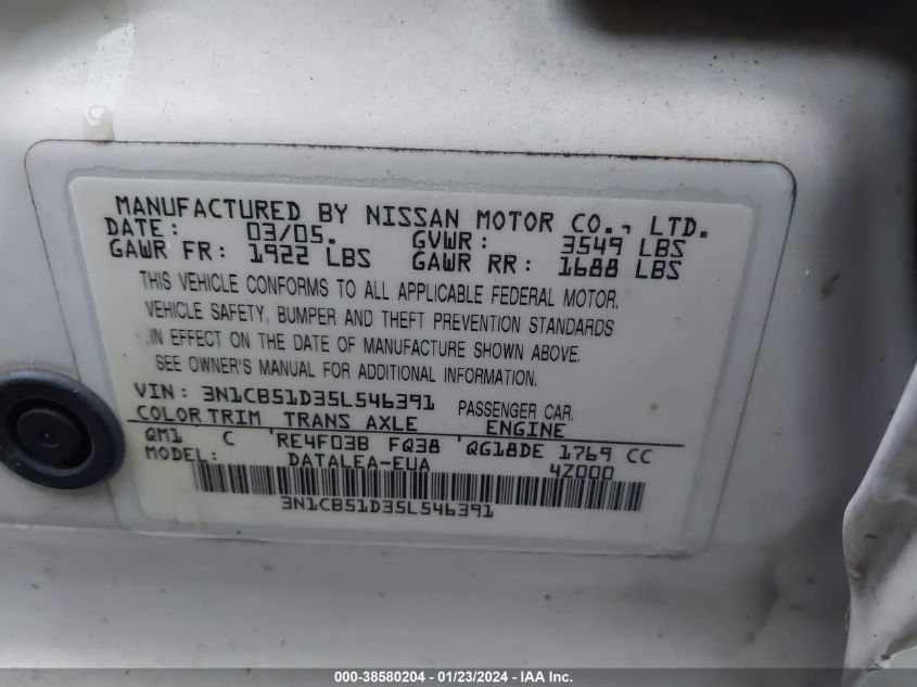 2005 Nissan Sentra 1.8S VIN: 3N1CB51D35L546391 Lot: 38580204