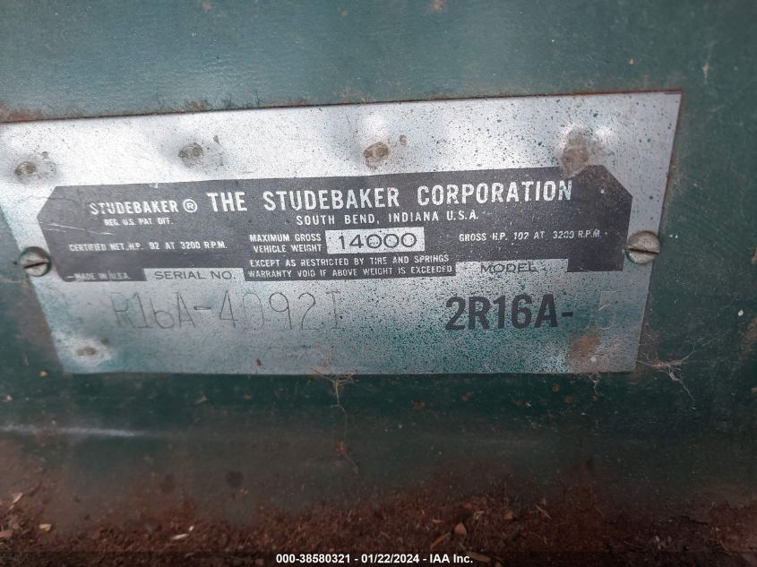 1953 Studebaker Dump Truck VIN: R16A40921I Lot: 38580321