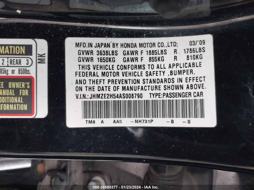 2010 Honda Insight Lx VIN: JHMZE2H54AS008790 Lot: 38580377