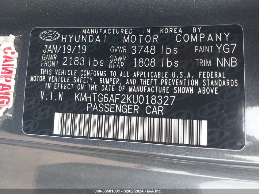 VIN KMHTG6AF2KU018327 2019 HYUNDAI VELOSTER 2.0