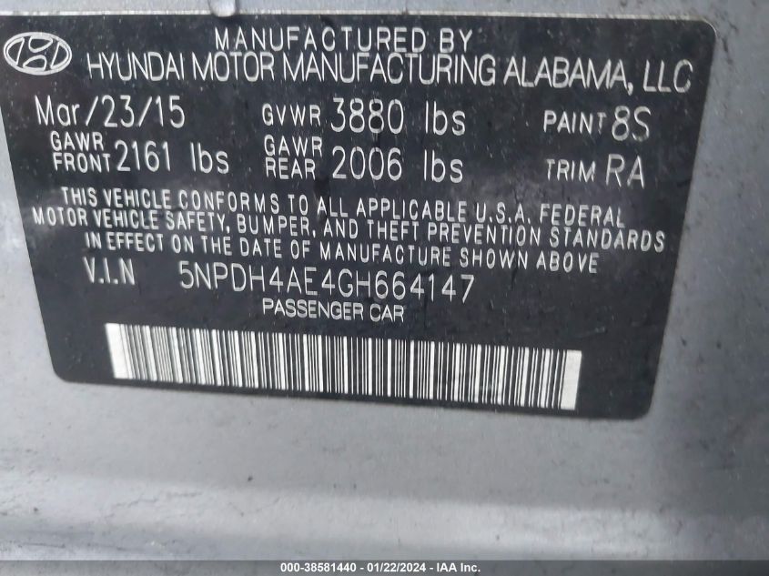 5NPDH4AE4GH664147 2016 Hyundai Elantra Se