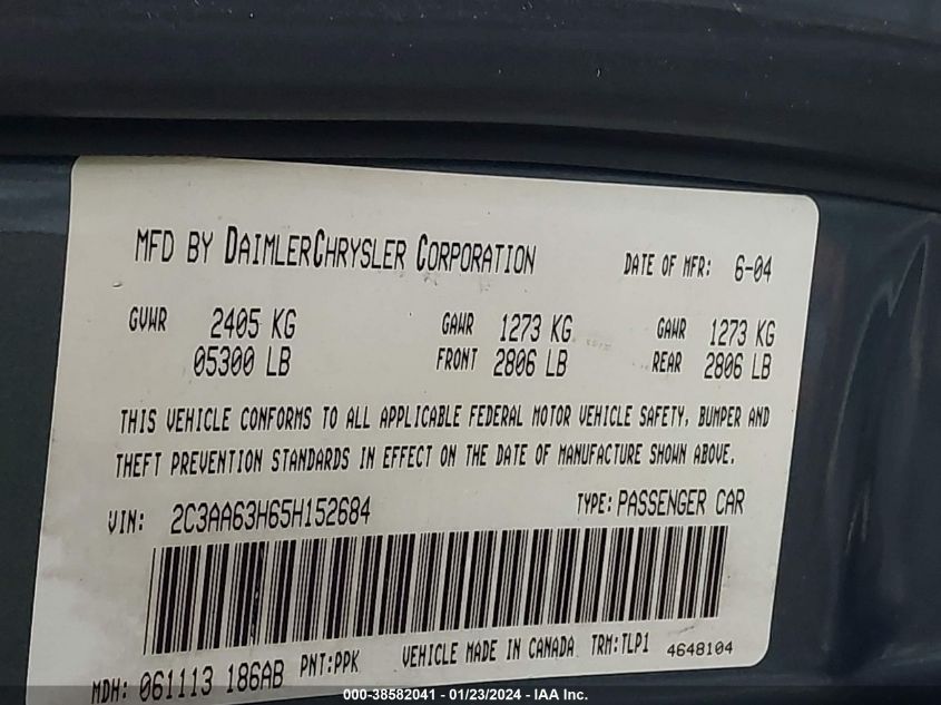 2005 Chrysler 300C VIN: 2C3AA63H65H152684 Lot: 38582041