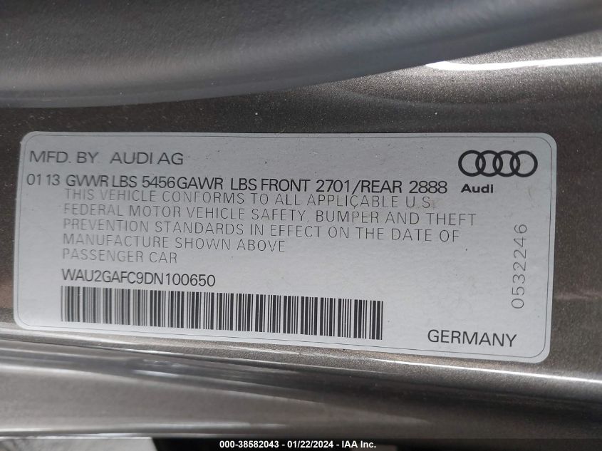 2013 Audi A7 3.0T Premium VIN: WAU2GAFC9DN100650 Lot: 38582043