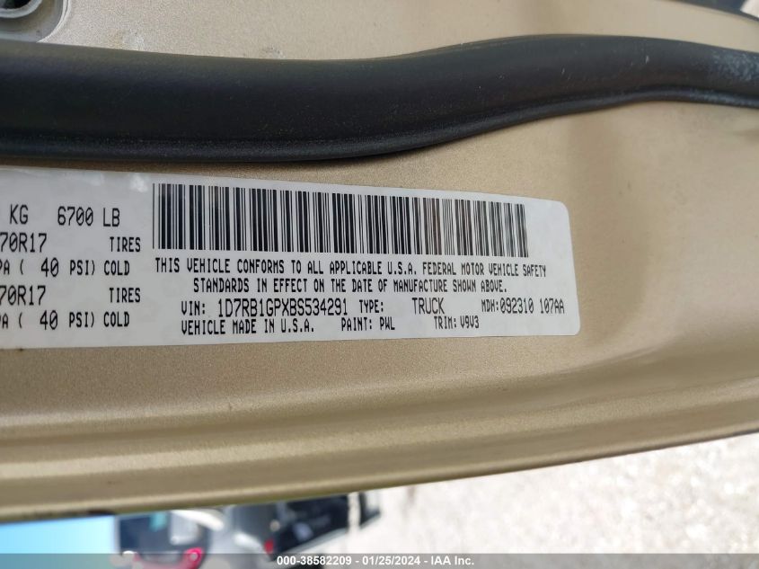 2011 Ram Ram 1500 Slt VIN: 1D7RB1GPXBS534291 Lot: 38582209