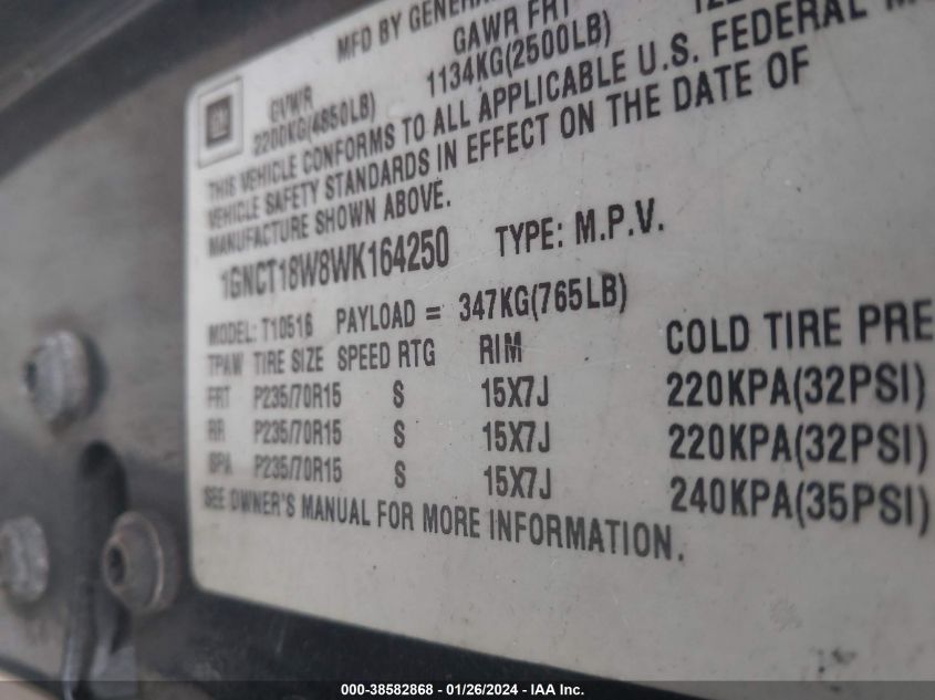 1998 Chevrolet Blazer VIN: 1GNCT18W8WK164250 Lot: 38582868