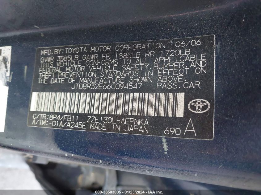 JTDBR32E660094547 2006 Toyota Corolla Le