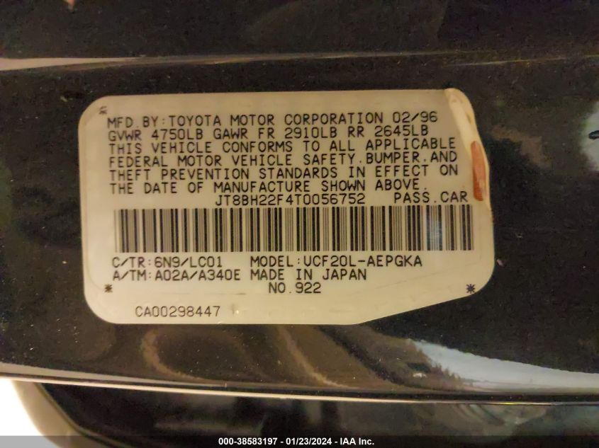 1996 Lexus Ls 400 VIN: JT8BH22F4T0056752 Lot: 38583197