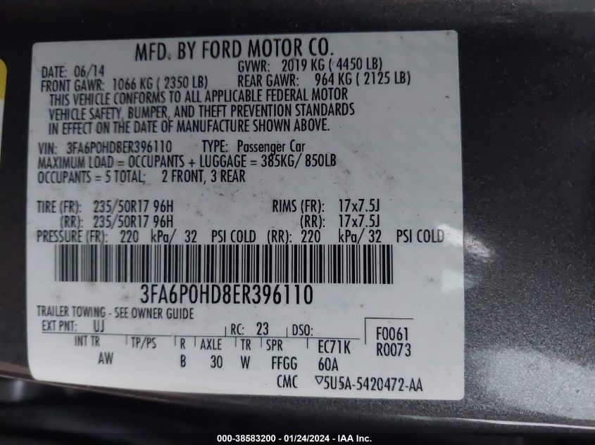 3FA6P0HD8ER396110 2014 Ford Fusion Se