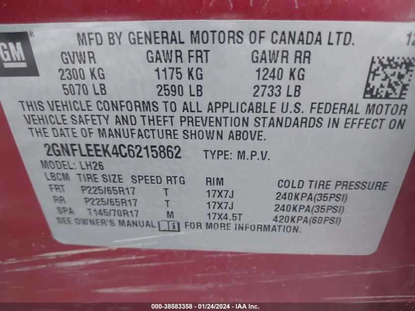 2GNFLEEK4C6215862 2012 Chevrolet Equinox 1Lt