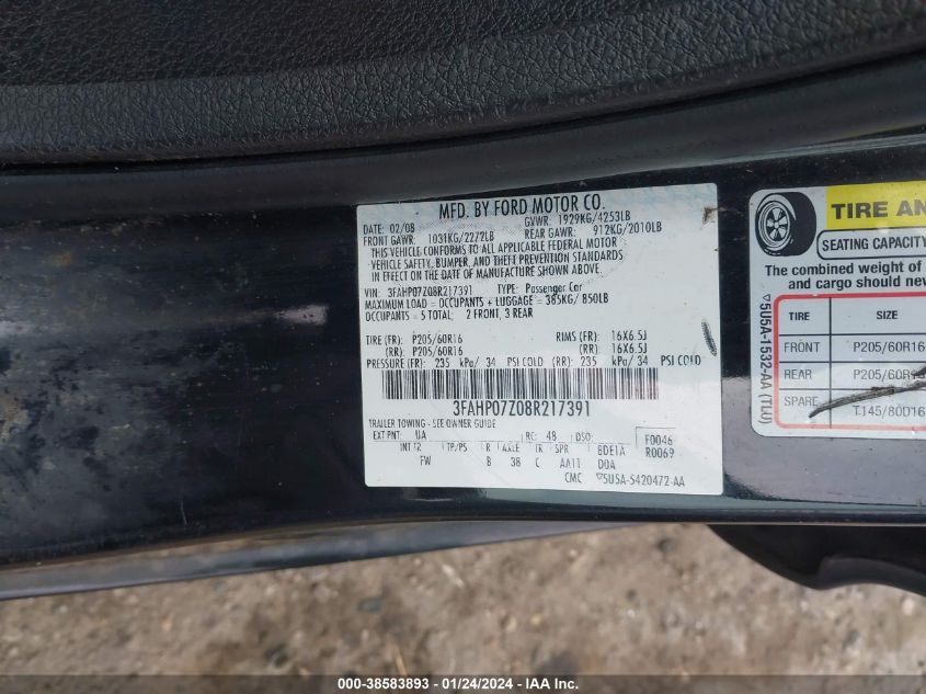 2008 Ford Fusion Se VIN: 3FAHP07Z08R217391 Lot: 38583893