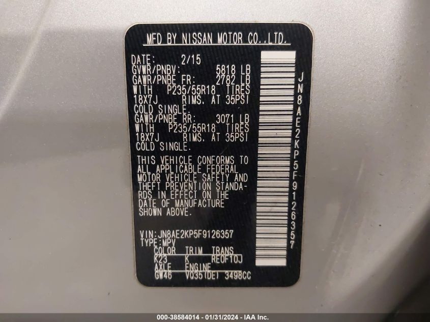 2015 Nissan Quest Sl VIN: JN8AE2KP5F9126357 Lot: 38584014