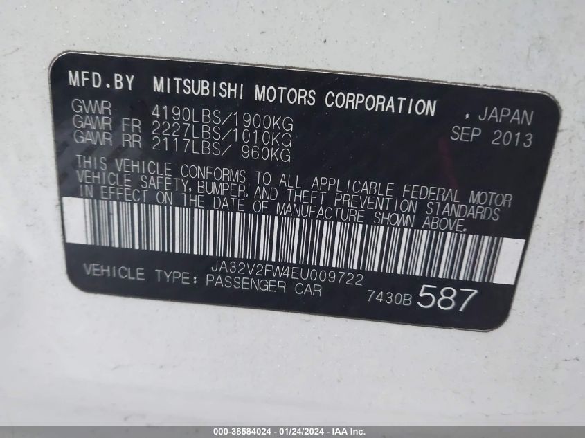 2014 Mitsubishi Lancer Se VIN: JA32V2FW4EU009722 Lot: 38584024