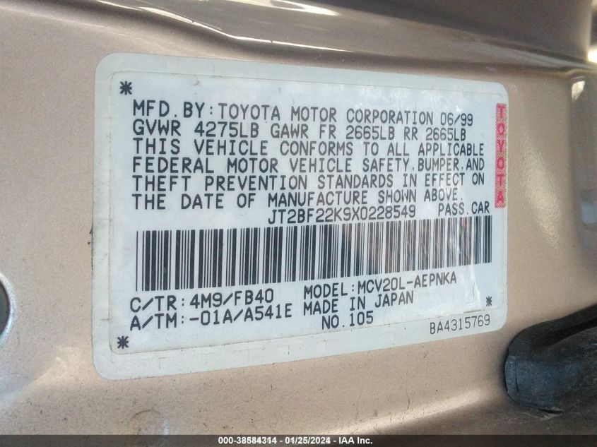 JT2BF22K9X0228549 1999 Toyota Camry Le V6/Xle V6