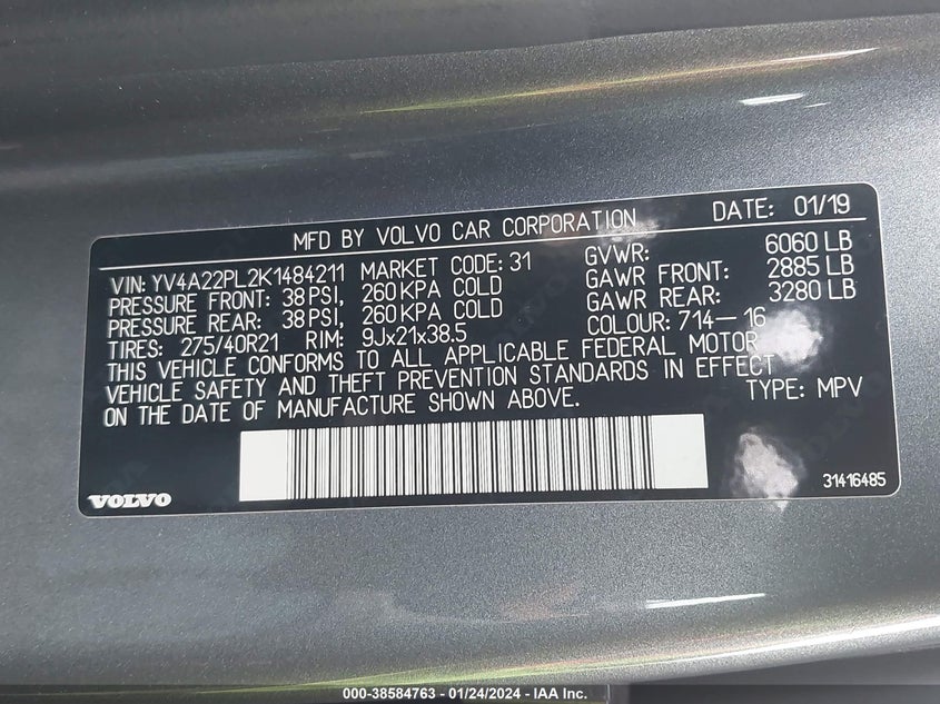 Image 9 of 2019 Volvo XC90  salvage vehicle - Lot #38584763 at IAAI