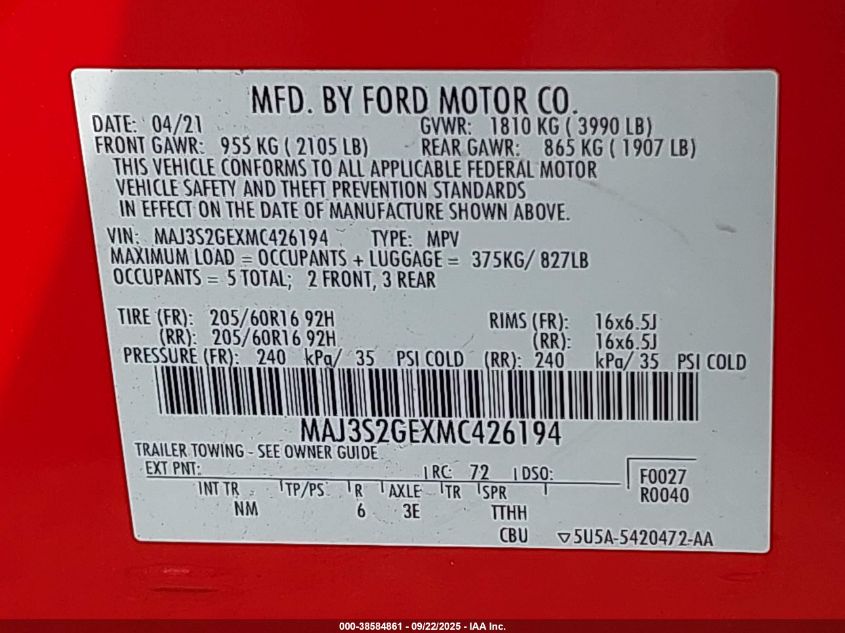 2021 Ford Ecosport Se VIN: MAJ3S2GEXMC426194 Lot: 38584861