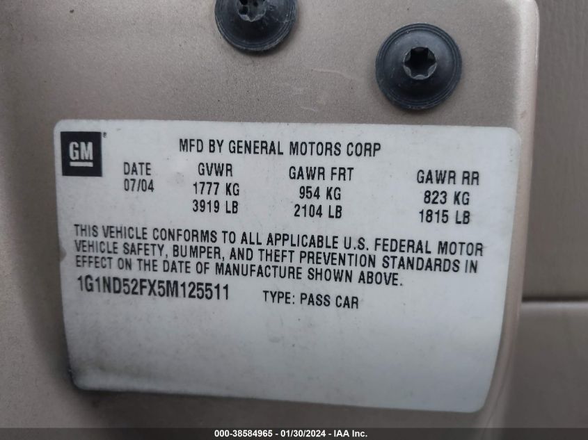 2005 Chevrolet Classic VIN: 1G1ND52FX5M125511 Lot: 38584965