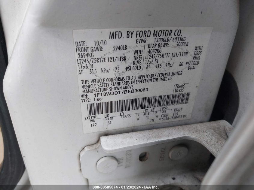 2011 Ford F-350 King Ranch/Lariat/Xl/Xlt VIN: 1FT8W3DT7BED30080 Lot: 38585074