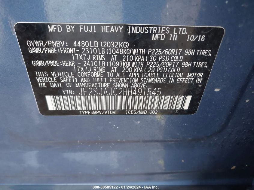 2017 Subaru Forester 2.5I Limited VIN: JF2SJAJC2HH491545 Lot: 38585122