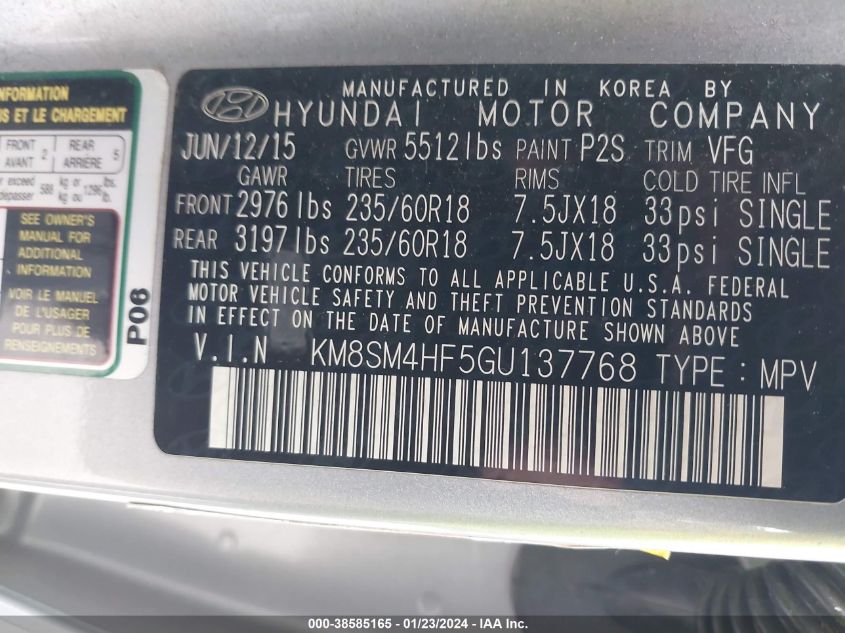 KM8SM4HF5GU137768 2016 Hyundai Santa Fe Se