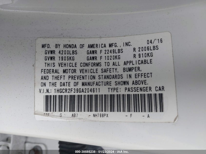 2016 HONDA ACCORD LX VIN: 1HGCR2F39GA204611