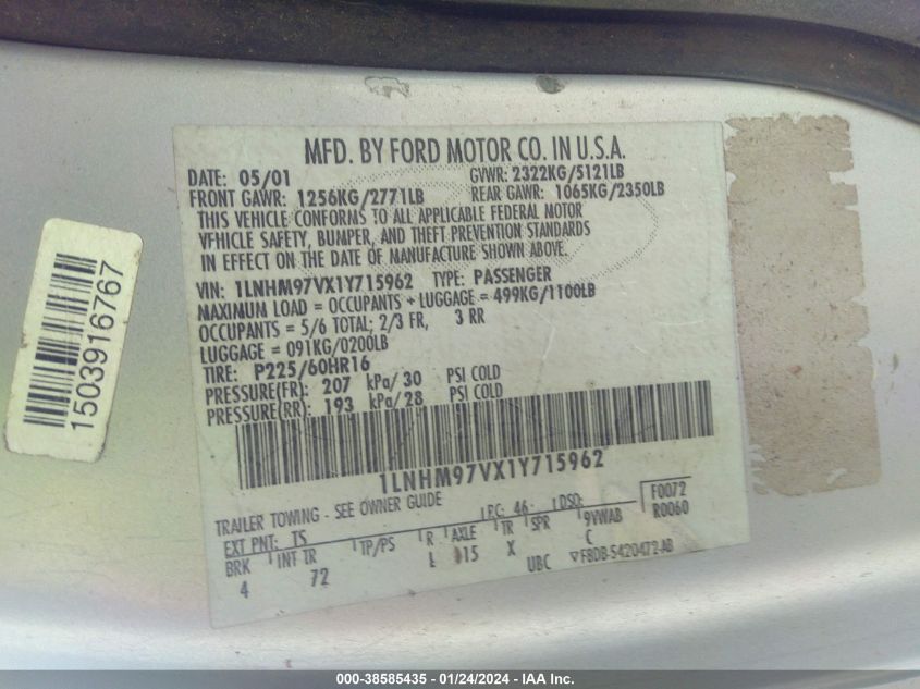 2001 Lincoln Continental VIN: 1LNHM97VX1Y715962 Lot: 38585435