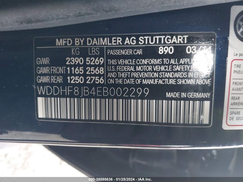 2014 Mercedes-Benz E 350 4Matic VIN: WDDHF8JB4EB002299 Lot: 38585636