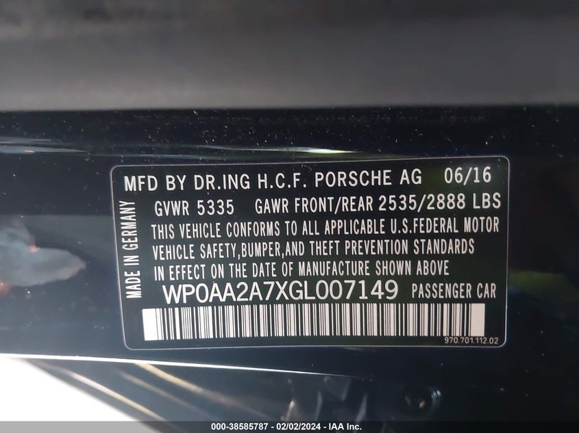 2016 PORSCHE PANAMERA 2/4 - WP0AA2A7XGL007149