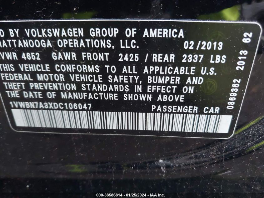 2013 Volkswagen Passat 2.0L Tdi Se VIN: 1VWBN7A3XDC106047 Lot: 38586814