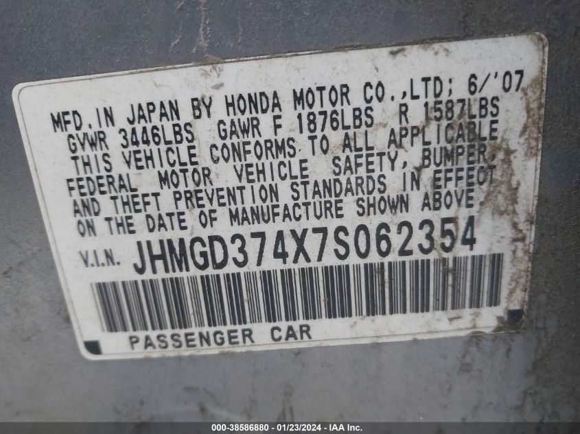 2007 Honda Fit VIN: JHMGD374X7S062354 Lot: 38586880